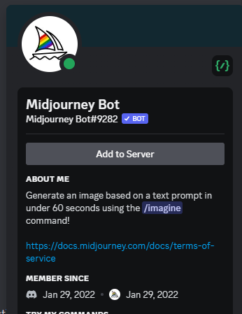 Midjourne Bot with "Add to Server" button