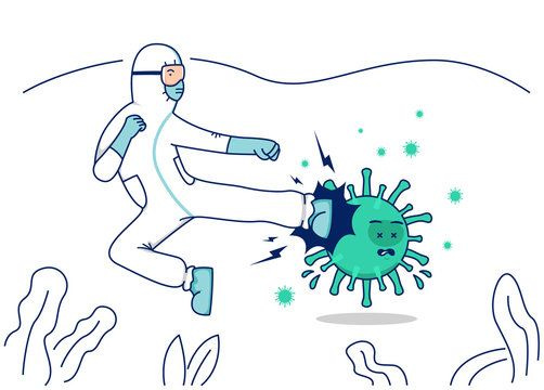 Vector illustration fight covid corona virus, Doctor with hazmat protective suit flying kick fight virus concept