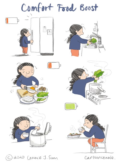 comfort food, cooking, comic strip, cartoon, comics, illustration, food illustration, diary comic, connie sun, cartoonconnie