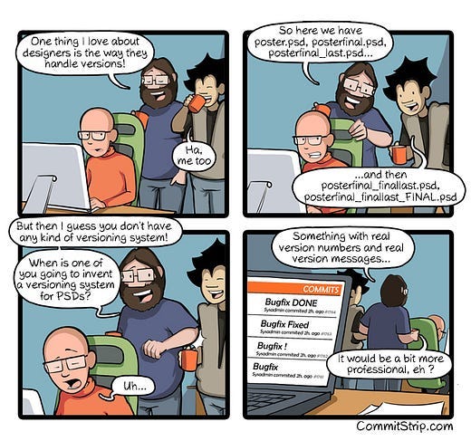 A comic about how Designers name things pretty poorly, including “posterfinal_finallast.pd”, while also highlighting that Engineering also has pretty bad naming as well.