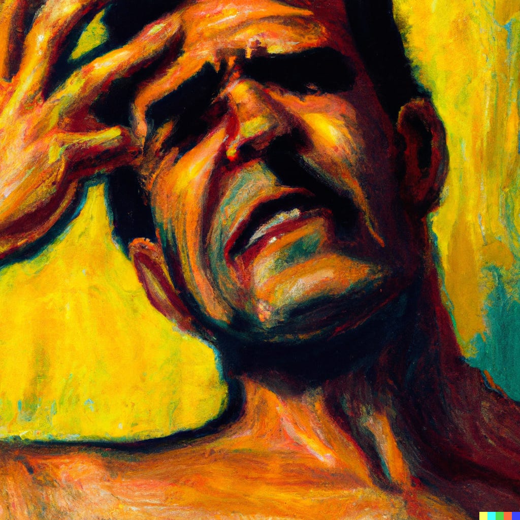 Colorful picture of a closeup of a man experiencing excruciating pain.