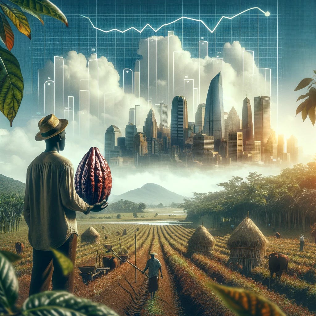 Create an image that illustrates the theme of socio-economic disparity in the cocoa farming industry. The image should capture the essence of smallholder cocoa farmers facing challenges despite the high global prices of chocolate. Include visual elements such as a farmer holding a cocoa pod in a vast field looking towards a distant city skyline that represents the global market. The skyline should be overshadowed by a graph depicting rising chocolate prices, symbolizing the disconnect between local farmers' earnings and the global chocolate industry's profits. The atmosphere should be poignant, highlighting the farmers' struggles and the unseen costs they bear.