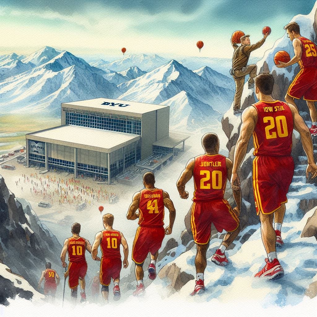 Iowa State basketball players scaling a mountain as the BYU arena lies below, watercolor