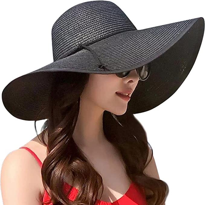 Lanzom Womens Wide Brim Straw Hat Big Floppy Foldable Roll up Cap Beach Sun Hat UPF 50+