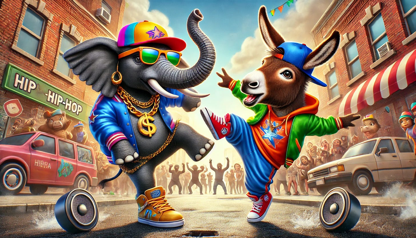 A lively scene of an elephant and a donkey having a hip-hop dance-off contest. Both animals are dressed in colorful hip-hop streetwear, including hats, chains, and sneakers. The elephant is doing a breakdance move, spinning on one hand, while the donkey is mid-air, performing an energetic dance step. The background is a city street with a cheering crowd and graffiti on the walls, adding a vibrant, urban feel. The atmosphere is fun and energetic, with both animals showing off dance moves in a friendly competition.