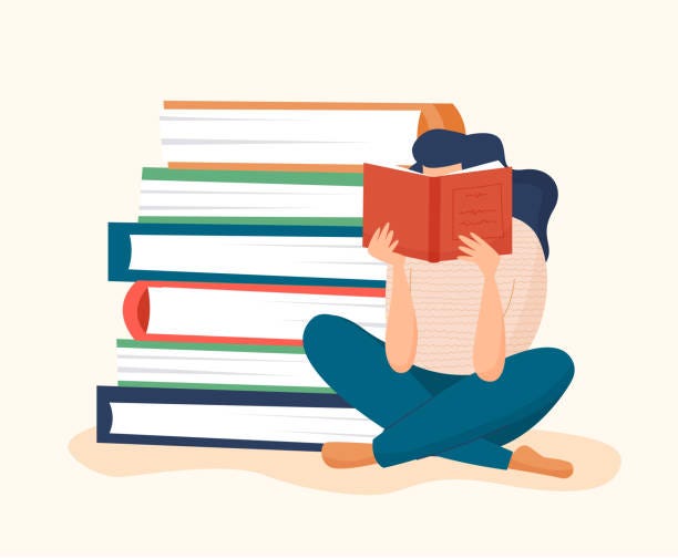 Woman Reading Book With Pile Of Books Stock Illustration - Download Image  Now - Reading, Book, Women - iStock