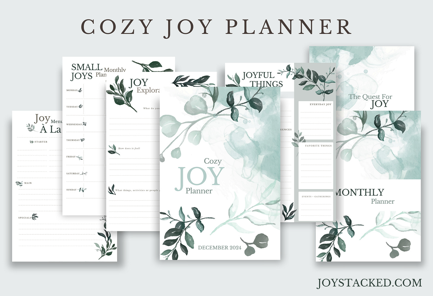 Showcase of various pages of the Cozy Joy Planner. The pages are all decorated with green leaves and branches in different designs and layouts.