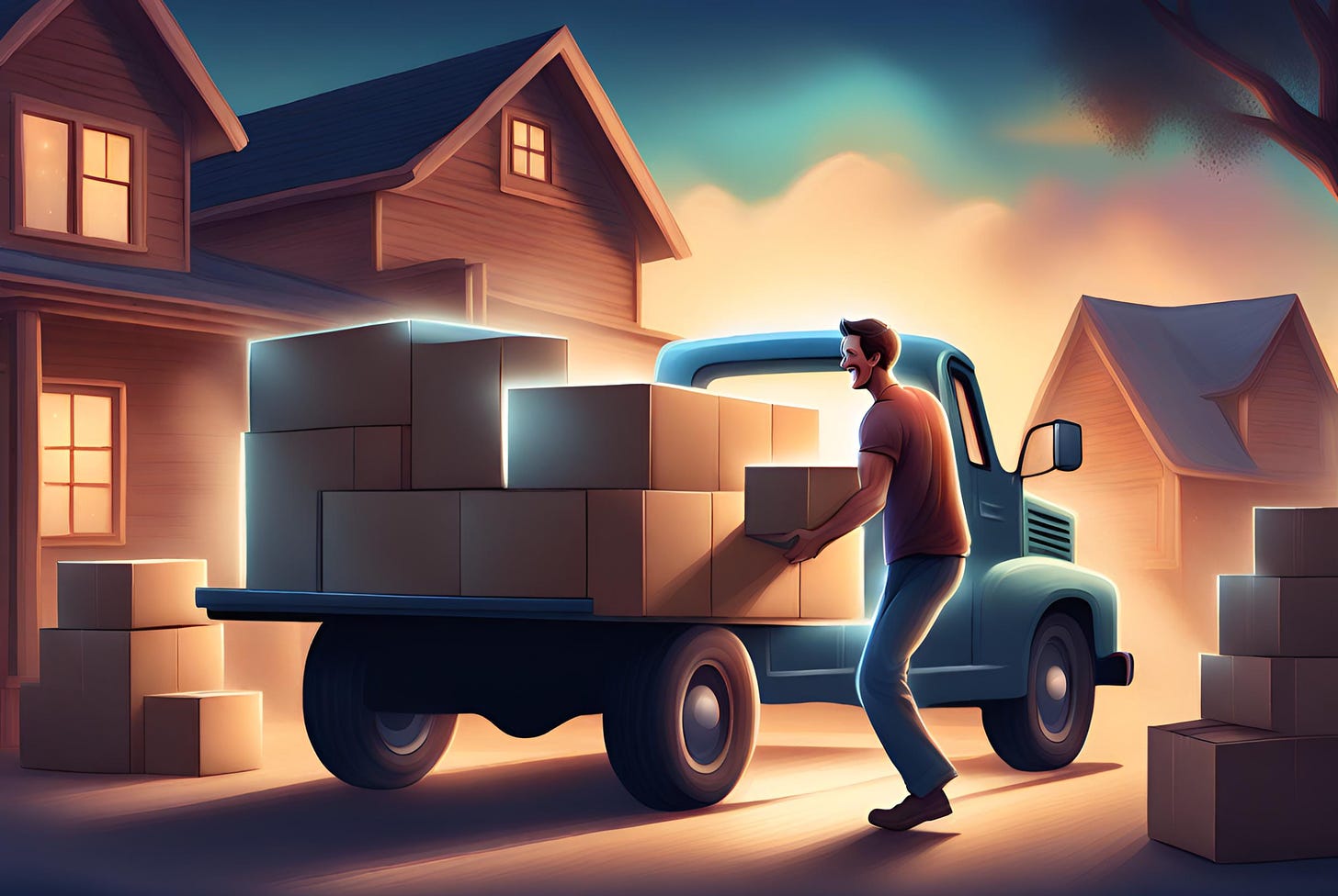 Illustration of a man unloading boxes from the back of a pickup truck