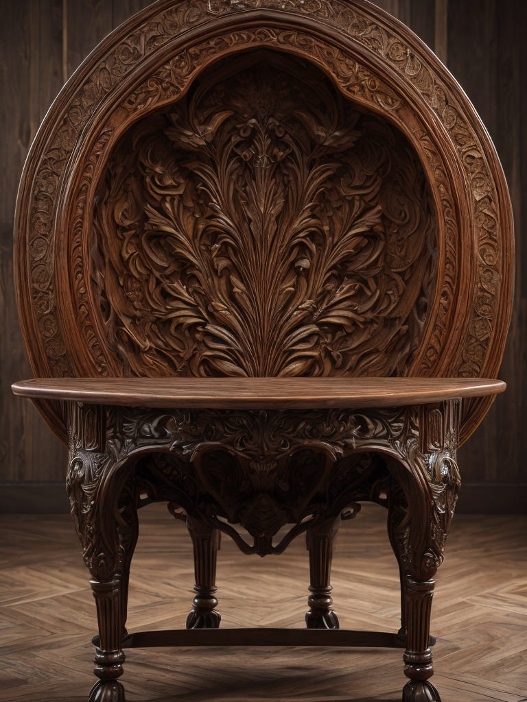 norwegian design furniture of a wood table in flower shape carved wood intricate