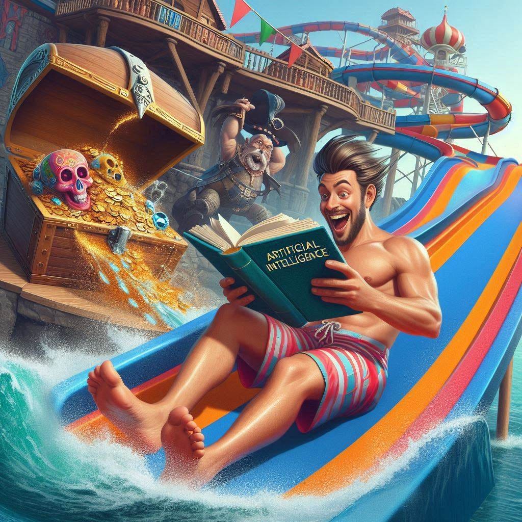 funny colourful family friendly image of a man in boardshorts sliding down a waterslide at a pirate treasure island style waterpark with a huge treasure chest in the background where the man is the focal point of the image, and the viewer can see that he's reading a very lengthy book on artificial intelligence