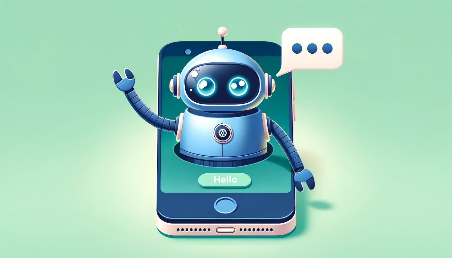 Create an image of a whimsical, friendly robot popping out from a smartphone screen. The robot has a round head with large eyes and is waving hello. The smartphone is navy blue with a simplified design, and the robot bears a small emblem on its chest. The background is a soft green, evoking a calm and inviting atmosphere. Two chat bubbles are visible next to the robot's head, symbolizing its interactive nature. The overall tone of the image is playful and tech-friendly, suitable for illustrating articles on innovative customer service technologies or AI interaction.