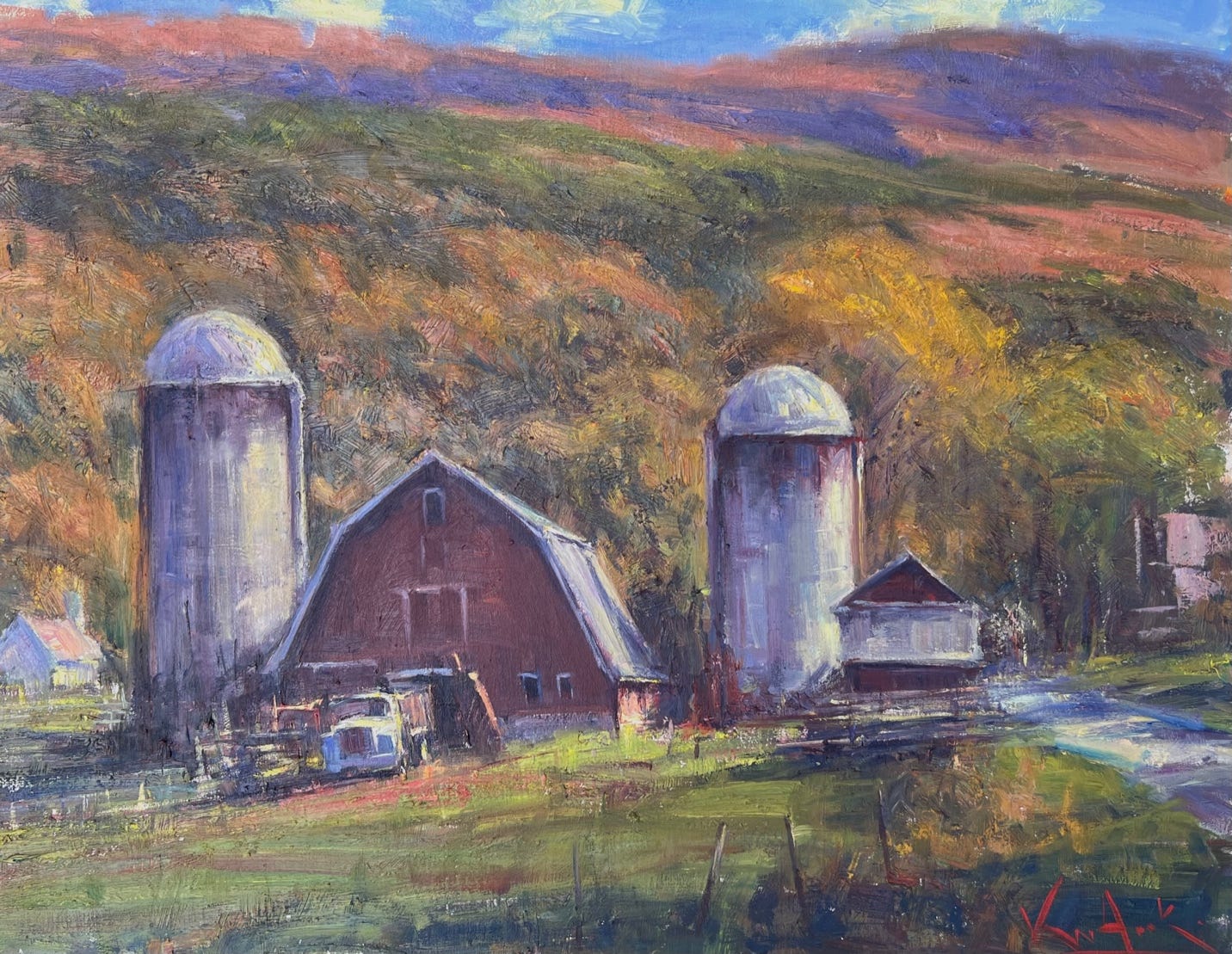 A painting of a farm with silos

Description automatically generated
