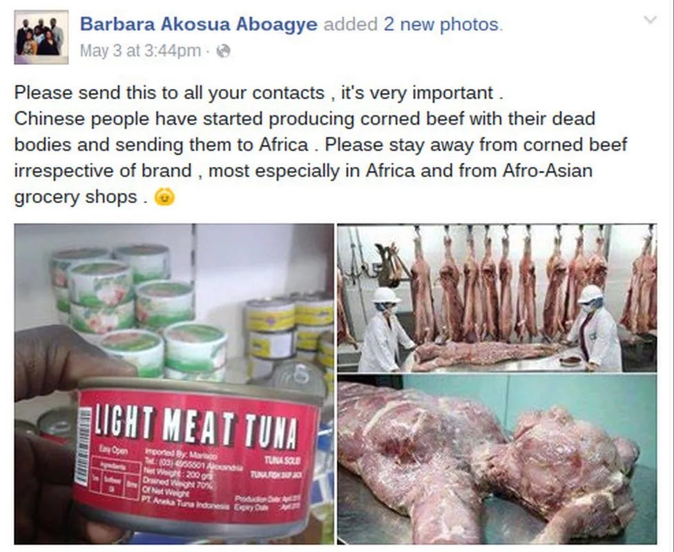 Please send this to all your contacts, it's very important. Chinese people have started producing corned beef with their dead bodies and sending them to Africa. Please stay away from corned beef irrespective of brand, most especially in Africa and from Afro-Asian grocery shops.