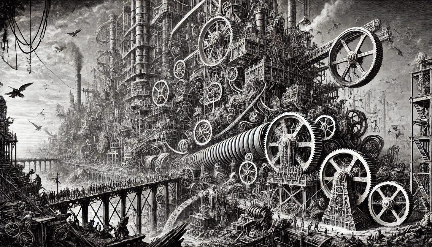 A highly detailed black-and-white engraving in the style of Giovanni Battista Piranesi, depicting a vast and intricate devouring machinery of desire. This immense mechanical construct, composed of labyrinthine gears, churning pistons, and endless conveyor belts, spreads through the world like an unstoppable force, consuming everything in its path. The scene is filled with decaying ruins, collapsing structures, and entangled figures being drawn into the relentless mechanisms. Towering smokestacks and elaborate industrial scaffolding create a sense of overwhelming scale and inevitability. The composition is chaotic yet meticulously detailed, evoking Piranesi’s grand and nightmarish architectural visions.