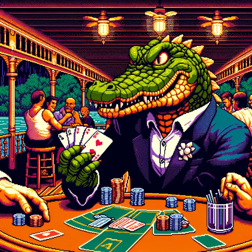 Create an image in the style of 16-bit SNK Neo Geo graphics, depicting a scene on a riverboat casino. The central character is a crocodilian, reptilian humanoid, sneering as it cheats at a card game. The character should be detailed to reflect a cunning, sly demeanor, with an exaggerated sneer. The setting is a lively riverboat casino, with other patrons around, possibly engaged in different activities. The environment should capture the essence of a bustling, old-fashioned casino, with elements like tables, chips, and dim lighting, all rendered in vibrant 16-bit style graphics.