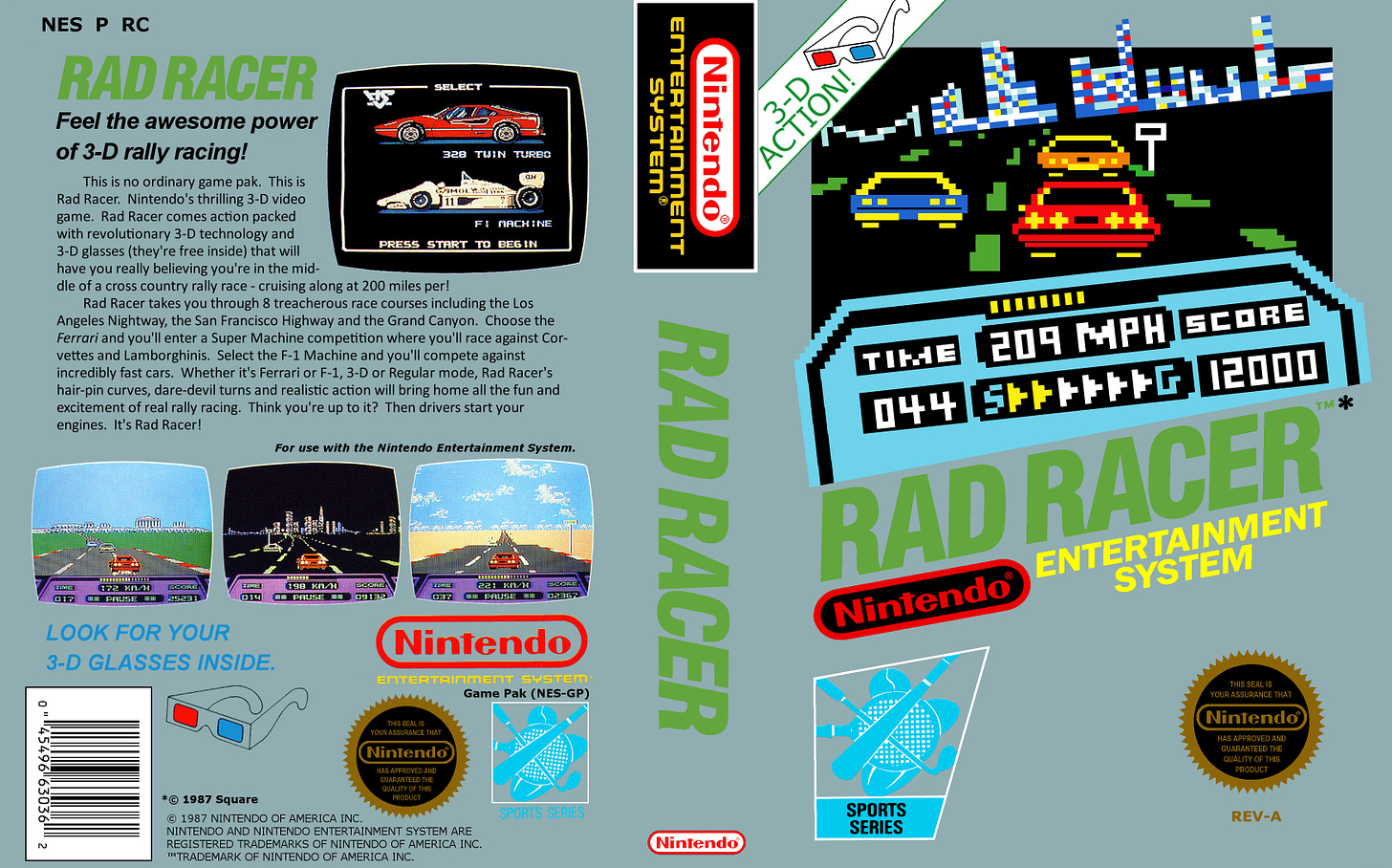 The back and front of Rad Racer's box art, featuring the game's 3D glasses, the two cars you can drive, as well as a description of the game playing up its 3D capabilities.