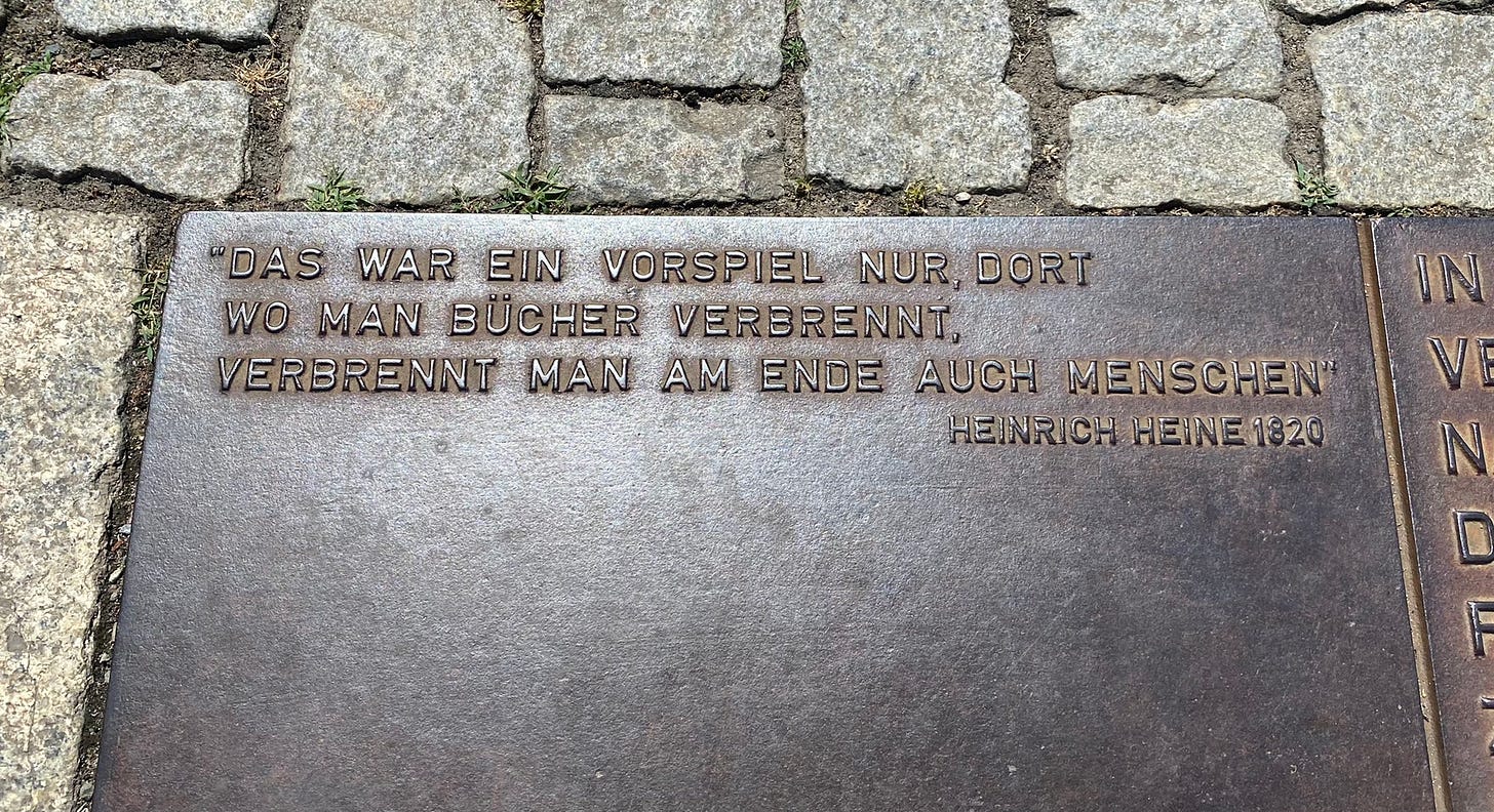 Andrew Doyle on Twitter: "I'm at the Bebelplatz in Berlin, the site of Nazi  book burnings which took place on 10 May 1933. The plaque bears a quotation  from Heinrich Heine: “Dort