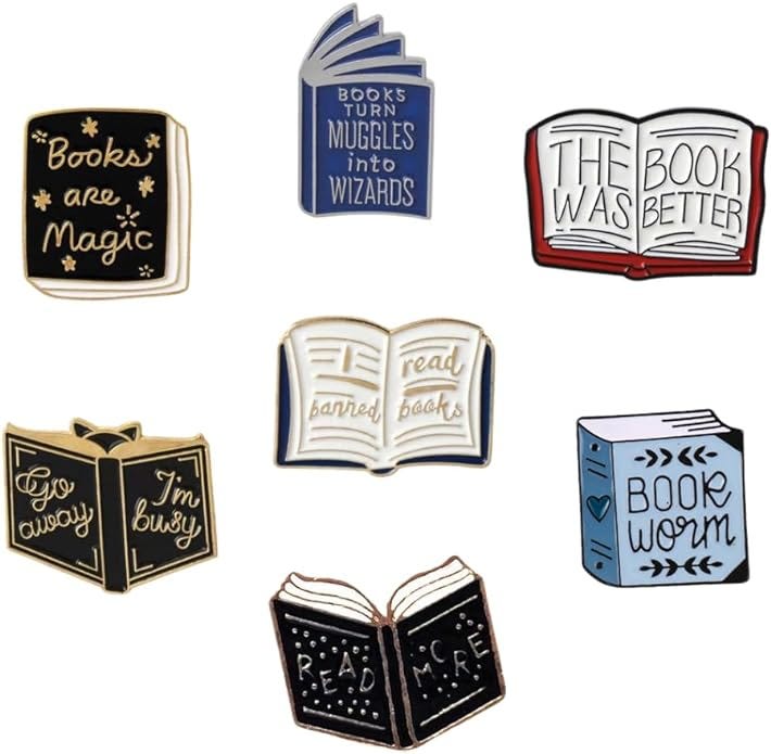 FOVIUPET 7pcs Cartoon Books Enamel Pins with Grey Velvet Bag, Magic Book Badges Cute Collar Brooch Decorative Lapel Pins for Backpack Clothing Learning Gifts for Teacher Student Book Lovers