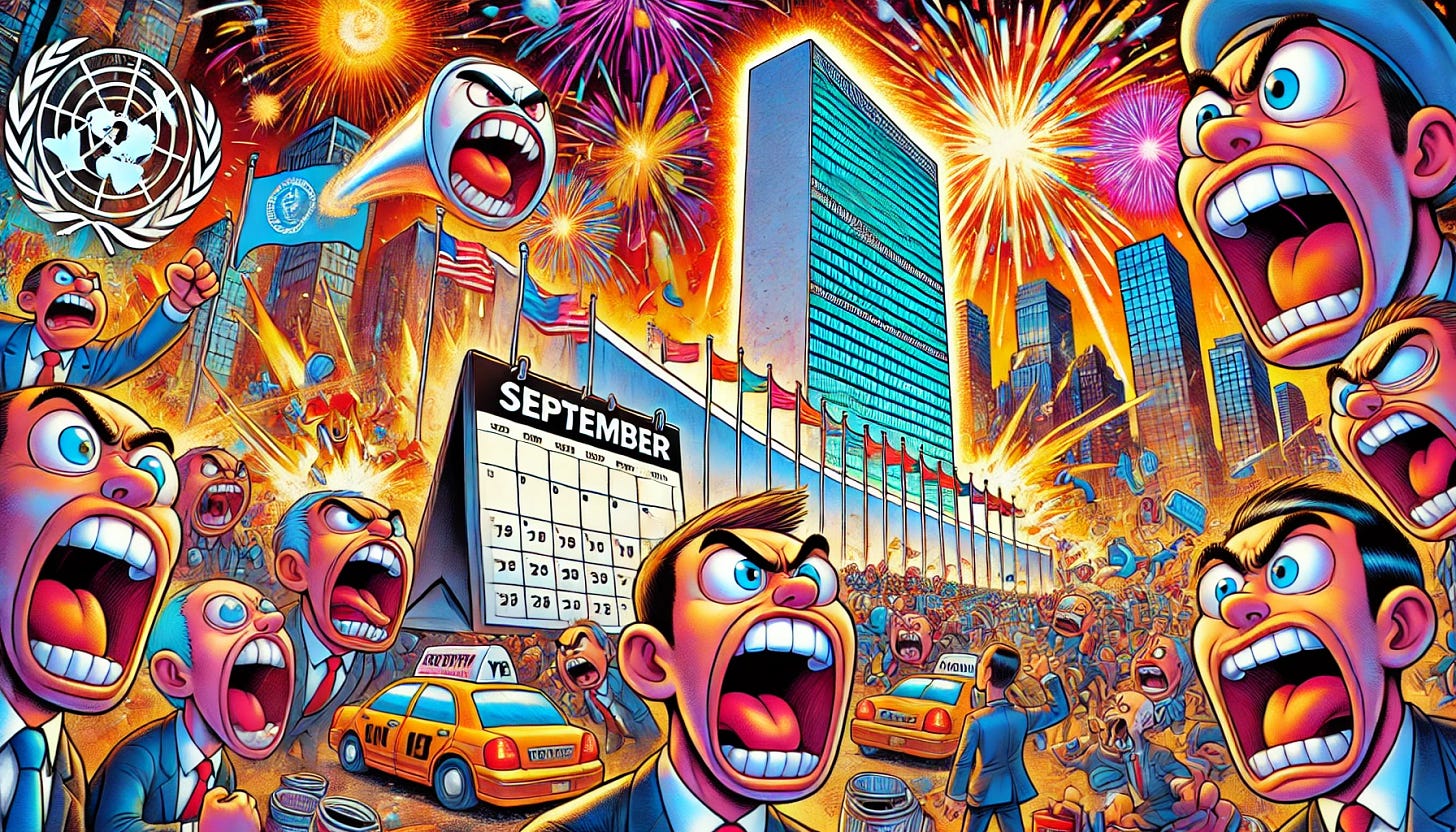 A colorful and chaotic cartoon scene in 16:9 aspect ratio. The background shows the recognizable United Nations building in New York. Characters in the foreground are angrily shouting at each other with exaggerated facial expressions and wild gestures, adding to the intense, chaotic atmosphere. The sky is filled with vibrant fireworks, creating contrast between the celebratory mood and the heated arguments. A large calendar showing the month of September is displayed in one corner. The scene is packed with bright colors, energetic movement, and a sense of busy, chaotic tension.