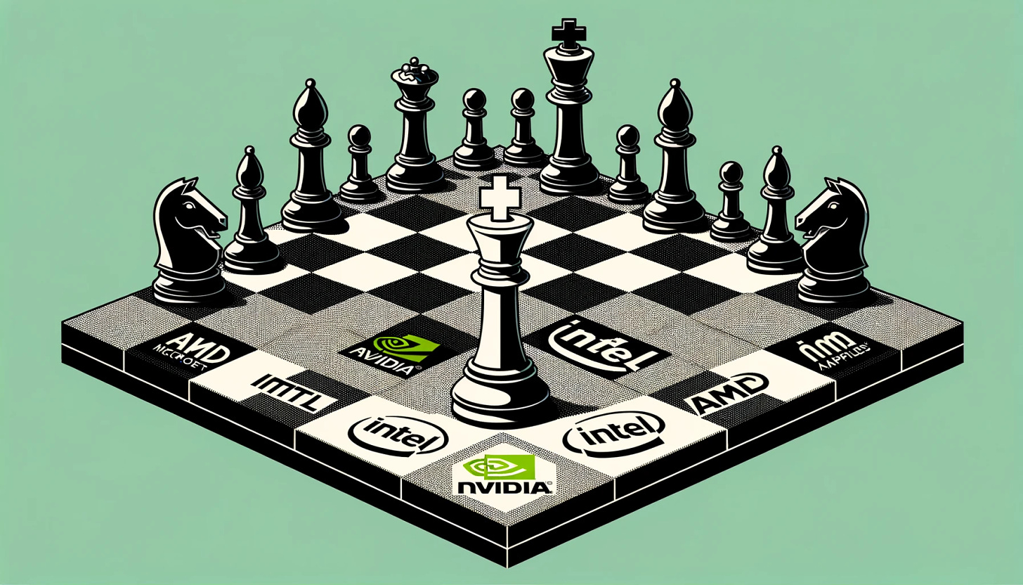 Vector-style image: A stylized chessboard with chess pieces representing Nvidia, Intel, AMD, Microsoft, and Apple. Nvidia's king piece moves forward, challenging Intel's king. The chessboard pattern is made of tiny Arm logos.