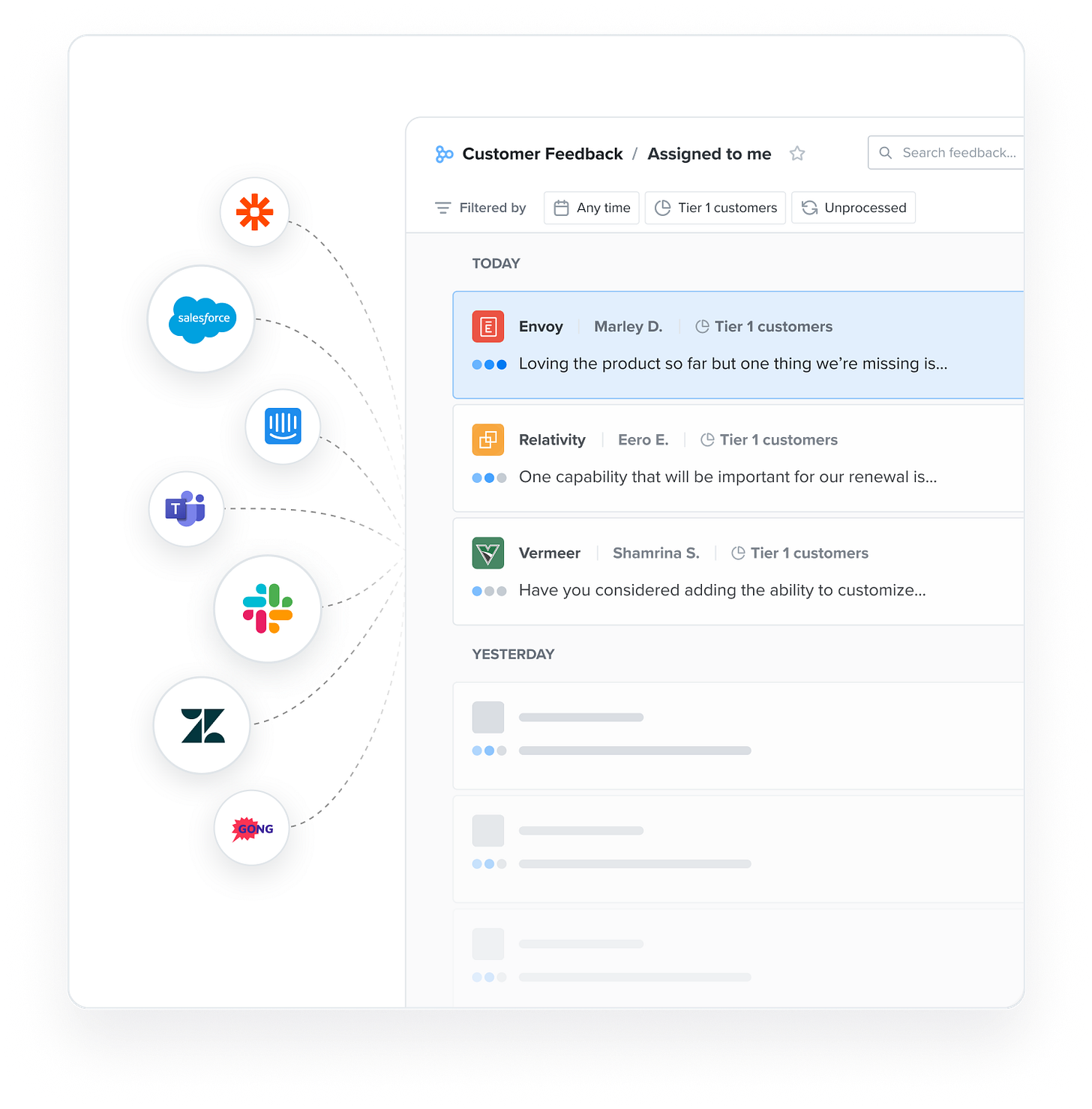Example 1: In Productboard you can centralize customer feedback across all channels in one searchable repository. Highlight key user insights and link them to relevant feature ideas. Example 1: In Productboard you can centralize customer feedback across all channels in one searchable repository. Highlight key user insights and link them to relevant feature ideas.