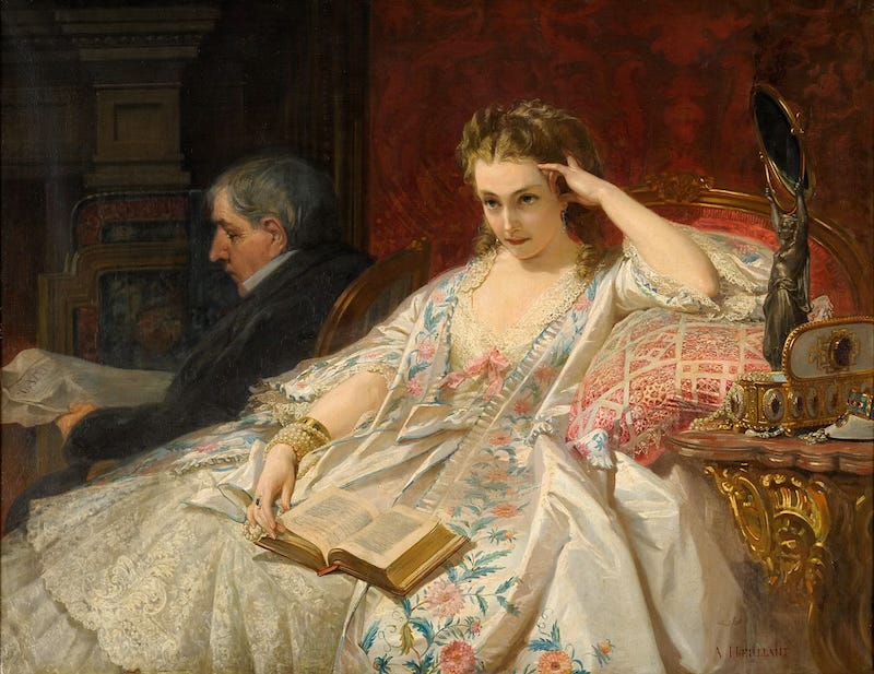 The painting by Felix Armand Heullant called ‘In Gedanken’, which shows a woman deep in thought with a book on her lap