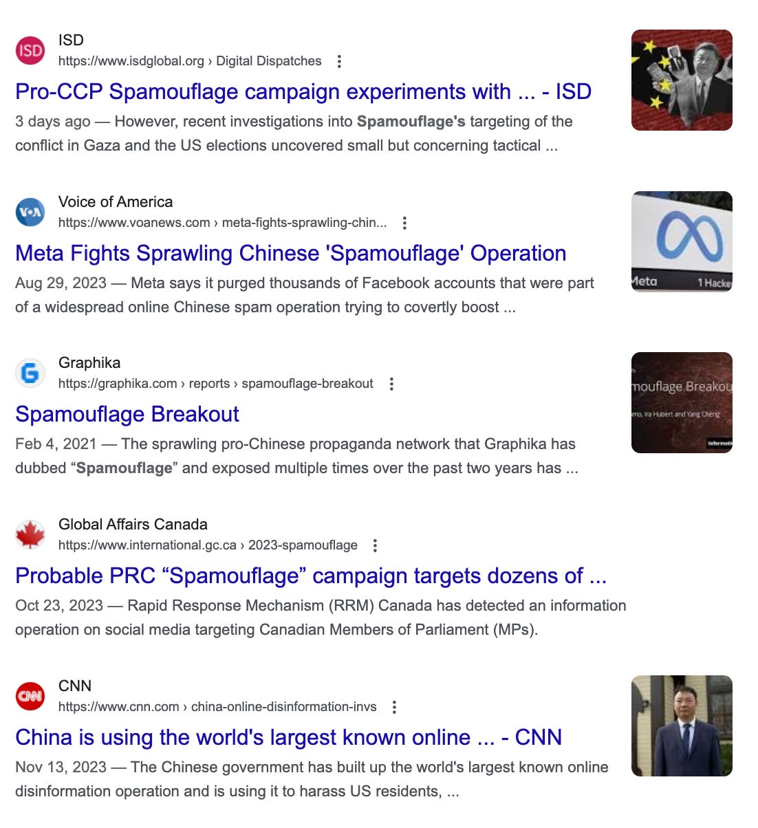 A Google search results page showing various results for the search "Spamouflage"