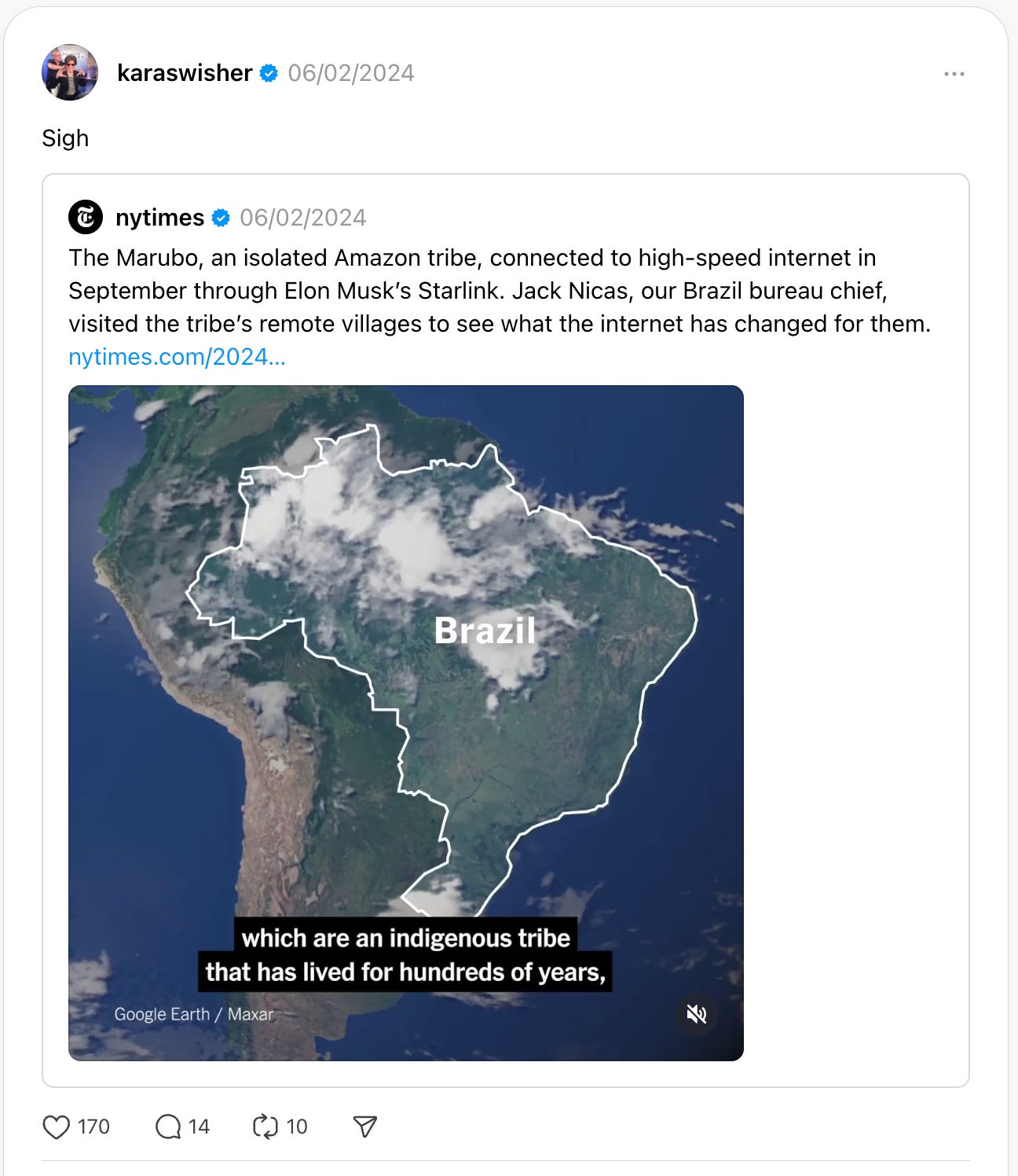 A Threads post by Kara Swisher that says "Sigh," and links to a New York Times piece about how the Marubo, an isolated Amazon tribe, are wrangling with the arrival of Starlink satellite internet to their community.