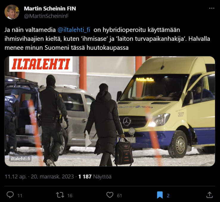 Scheinin kääntää todellisuuden 180 astetta ja syyttää Suomea Venäjän törkeistä ihmisoikeuksia hyväksikäyttävistä hybriditoimista.
