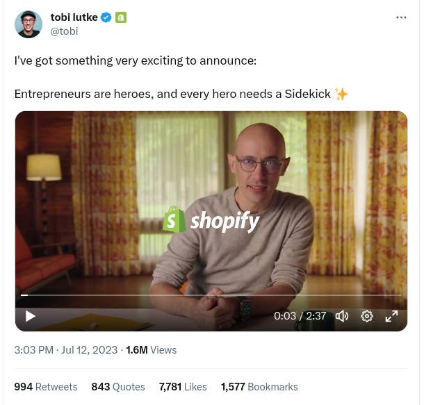 Tweet from Shopify about the new Sidekick AI assistant