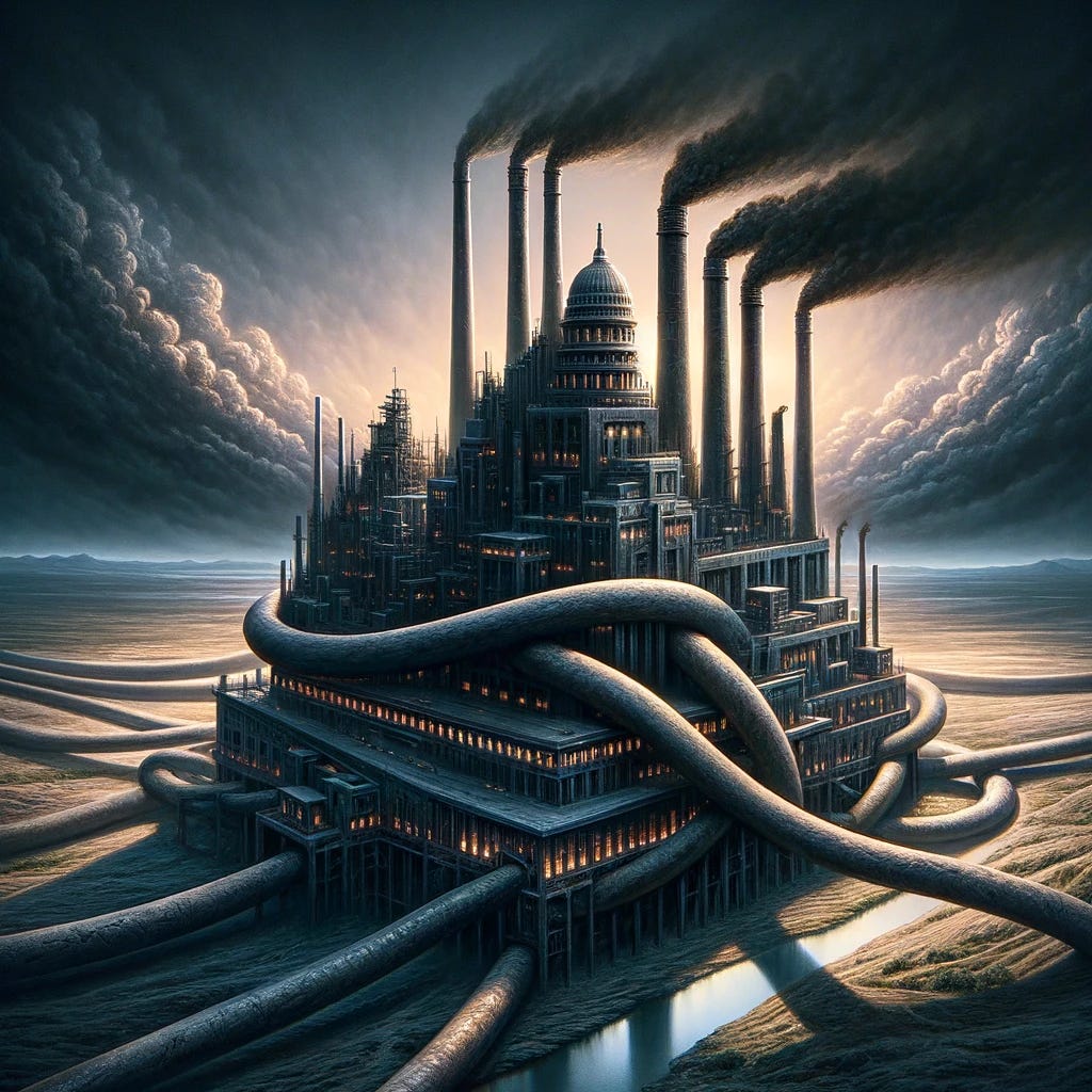 An abstract representation of the alliance between big business and state authority, symbolizing 'The Imperialist War Machine.' The scene includes a massive, shadowy factory with smokestacks, symbolizing big business, intertwined with a looming, fortress-like government building. Both structures are made of dark, oppressive-looking materials and are connected by heavy chains. In the background, a stormy sky looms, and the landscape is barren and desolate, representing the impact of this alliance. The overall atmosphere is ominous and foreboding.