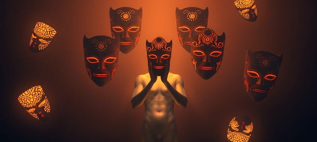 A surreal composition inspired by Japanese Noh theater, featuring a set of intricately designed masks floating in a twilight-hued void. Each mask represents a different facet of identity, from serene and compassionate to fierce and determined, with glowing patterns etched into their surfaces. A translucent figure stands in the center, holding one of the masks to their face while others orbit around them, symbolizing the fluidity of situational identities. Subtle light rays pass through the masks, creating layered reflections on the figure, hinting at how the masks reveal rather than conceal deeper truths about the self. The background transitions from shadow to light, emphasizing the interplay between concealment and revelation.