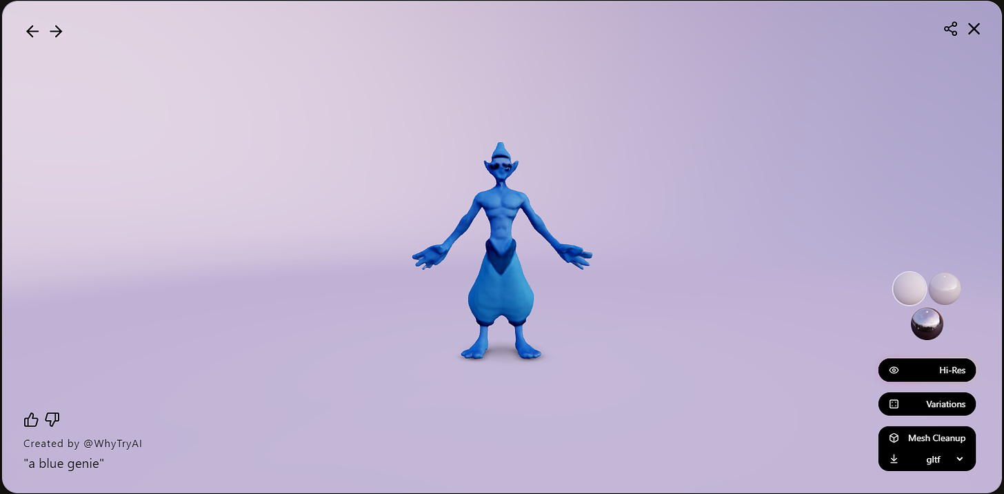 Selecting a Genie 3D generation to upscale and download