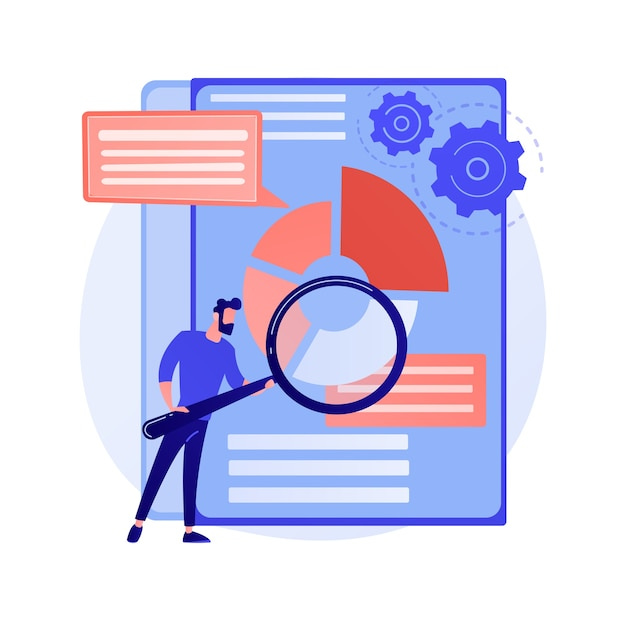 Free vector business documents scanning. electronic online doc with pie chart infographics. data analytics, annual report, result checking. man with magnifying glass concept illustration
