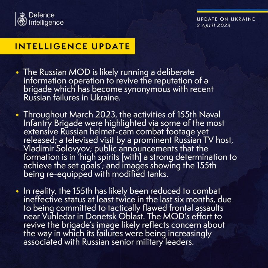 Latest Defence Intelligence update on the war in Ukraine - 3 April 2023. Read thread below for full image text.