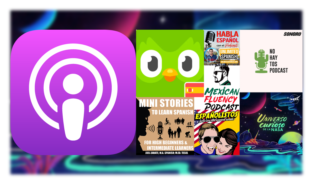 A collage of podcast logos, with the Apple Podcast purple logo dominating the left half of the image and logos from the podcasts in this post arranged to the right of the Apple Podcasts logo. The logos are set on a blurred background of planets and nebulous gas clouds.