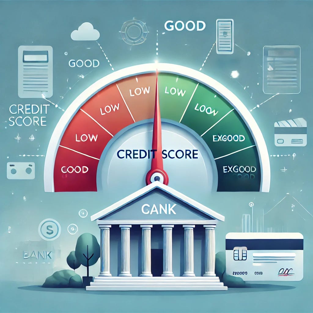 A conceptual illustration of a credit score gauge, with a meter ranging from red (low) to green (excellent). The needle is pointing towards the 'good' range. The background features financial symbols like credit cards, loan documents, and a bank building, emphasizing financial health. The design is modern and visually engaging.