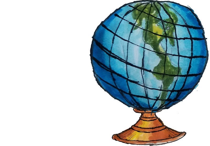 Cartoon image of a globe on a stand.