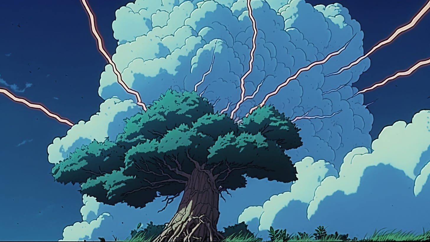 A cartoon tree being struck by lightning