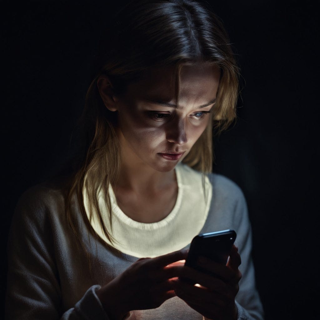 Una mujer mirando su smartphone en la oscuridad