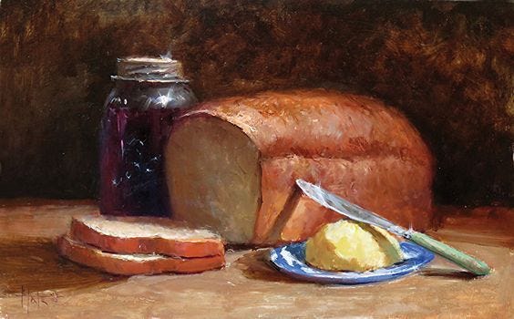 This may contain: a painting of bread, butter and jam on a table