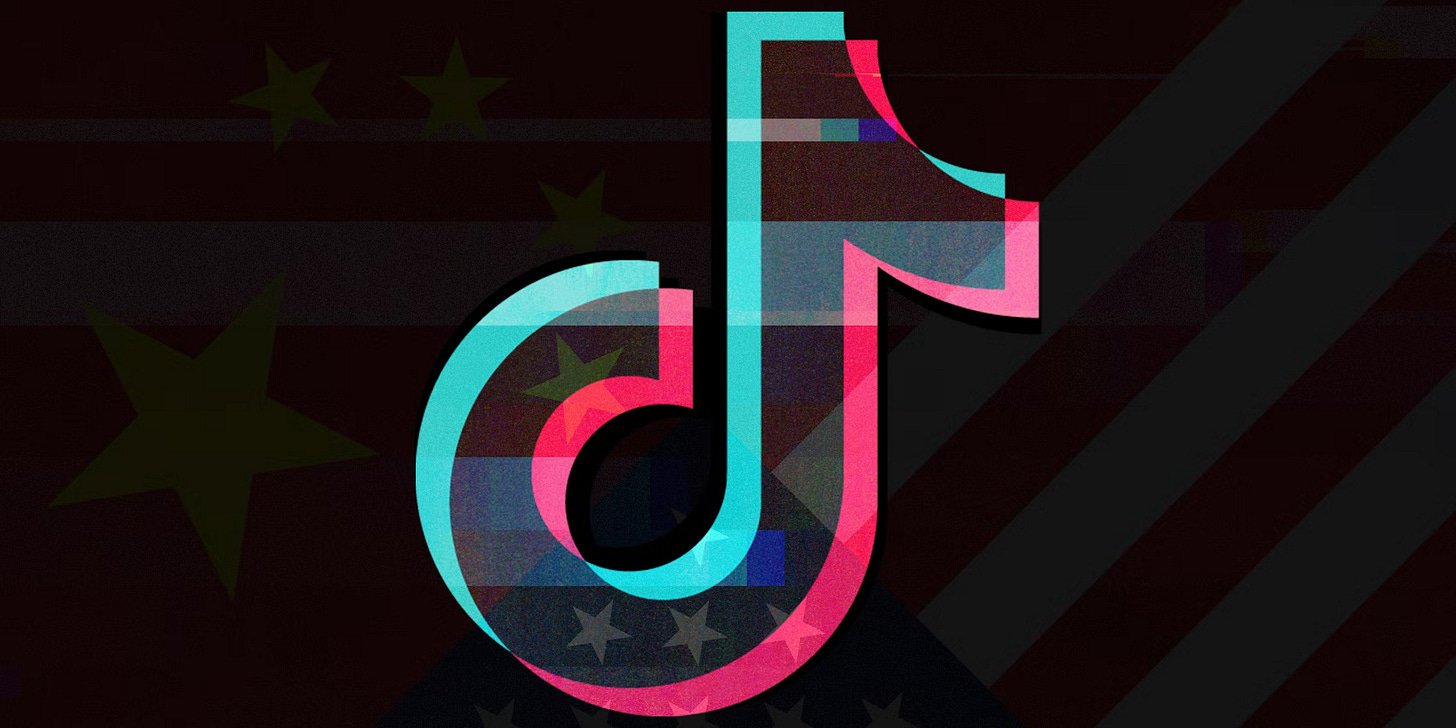 tiktok logo over chinese and american flag background