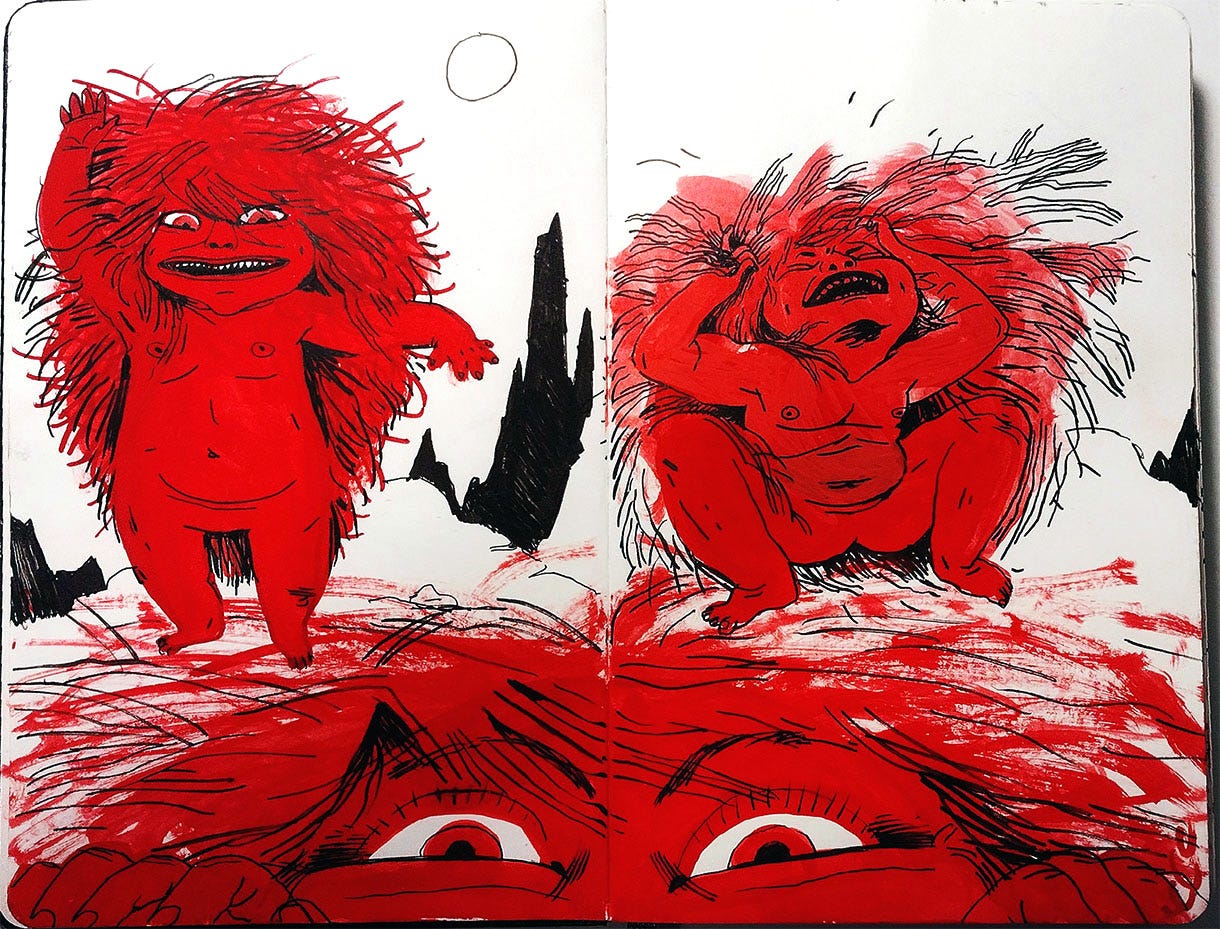 red gouache and sketchy ink in three scary, genderless toddler figures with freaky little teeth and wild hair