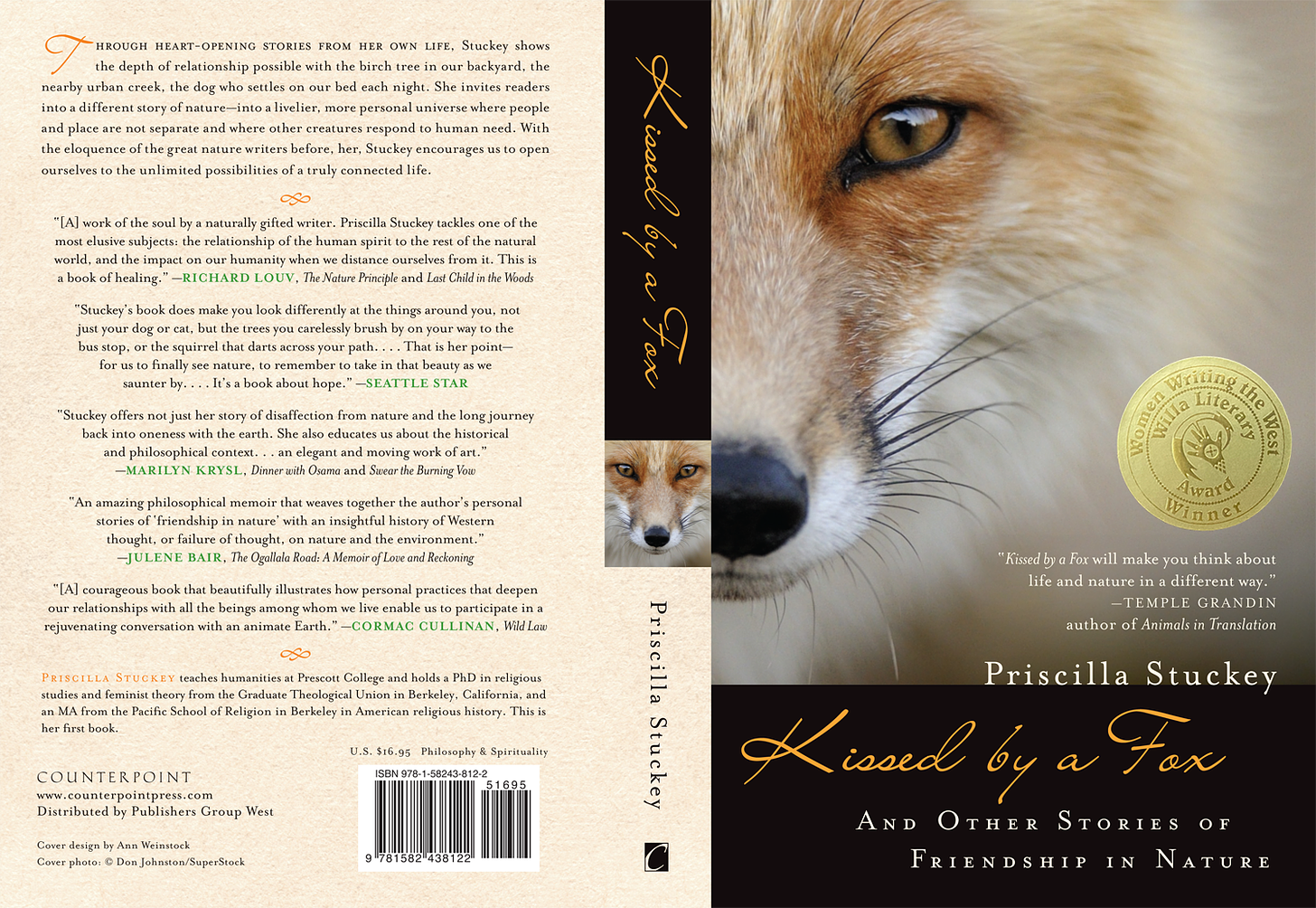 Back-front covers of Kissed by a Fox. Front cover blurb from Temple Grandin reads, "Kissed by a Fox will make you think about life and nature in a different way."