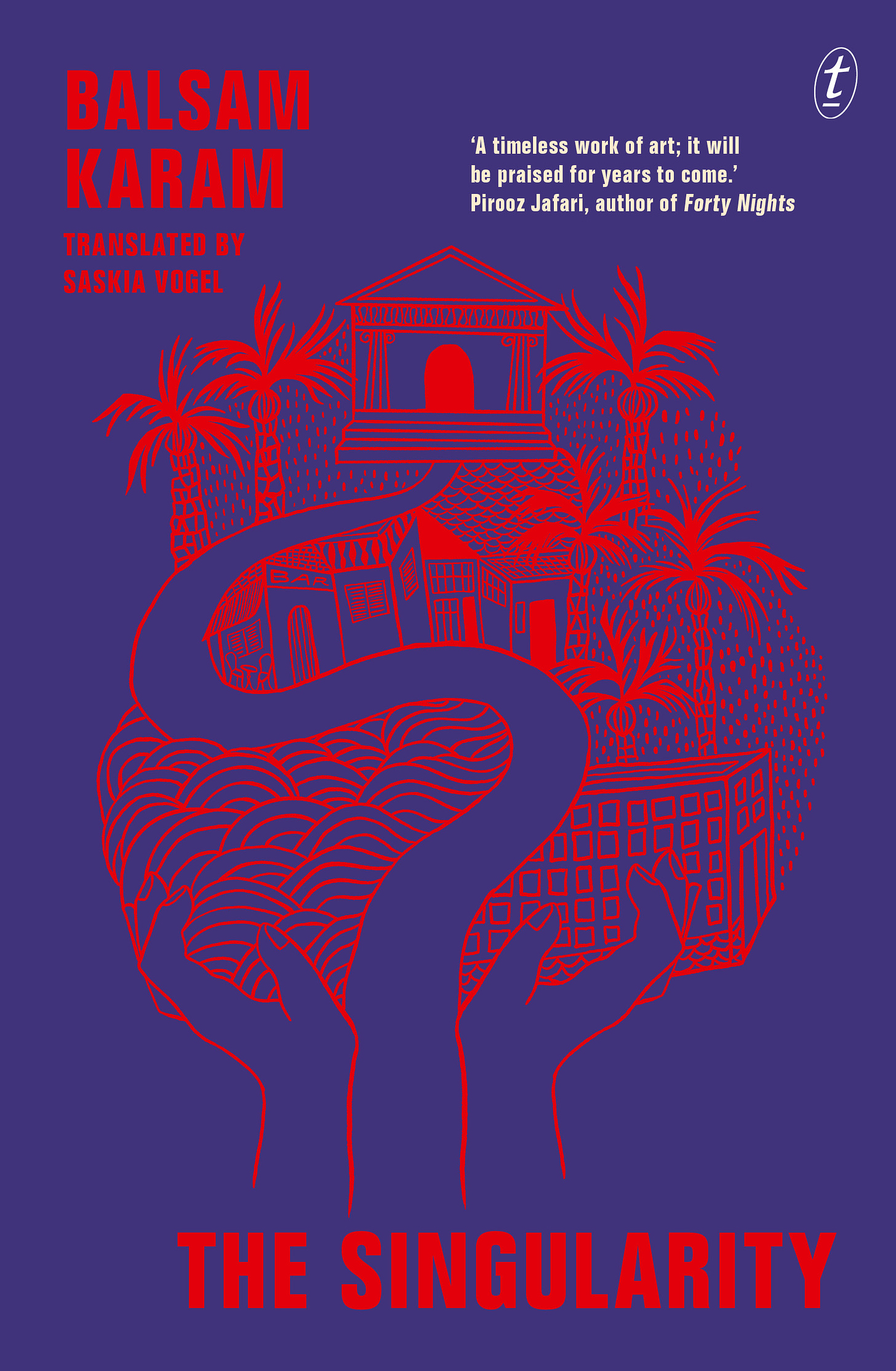 The cover of Balsam Karam's book 'The Singularity' Purple background with a red line illustration  of buildings and palm trees in a sea side town