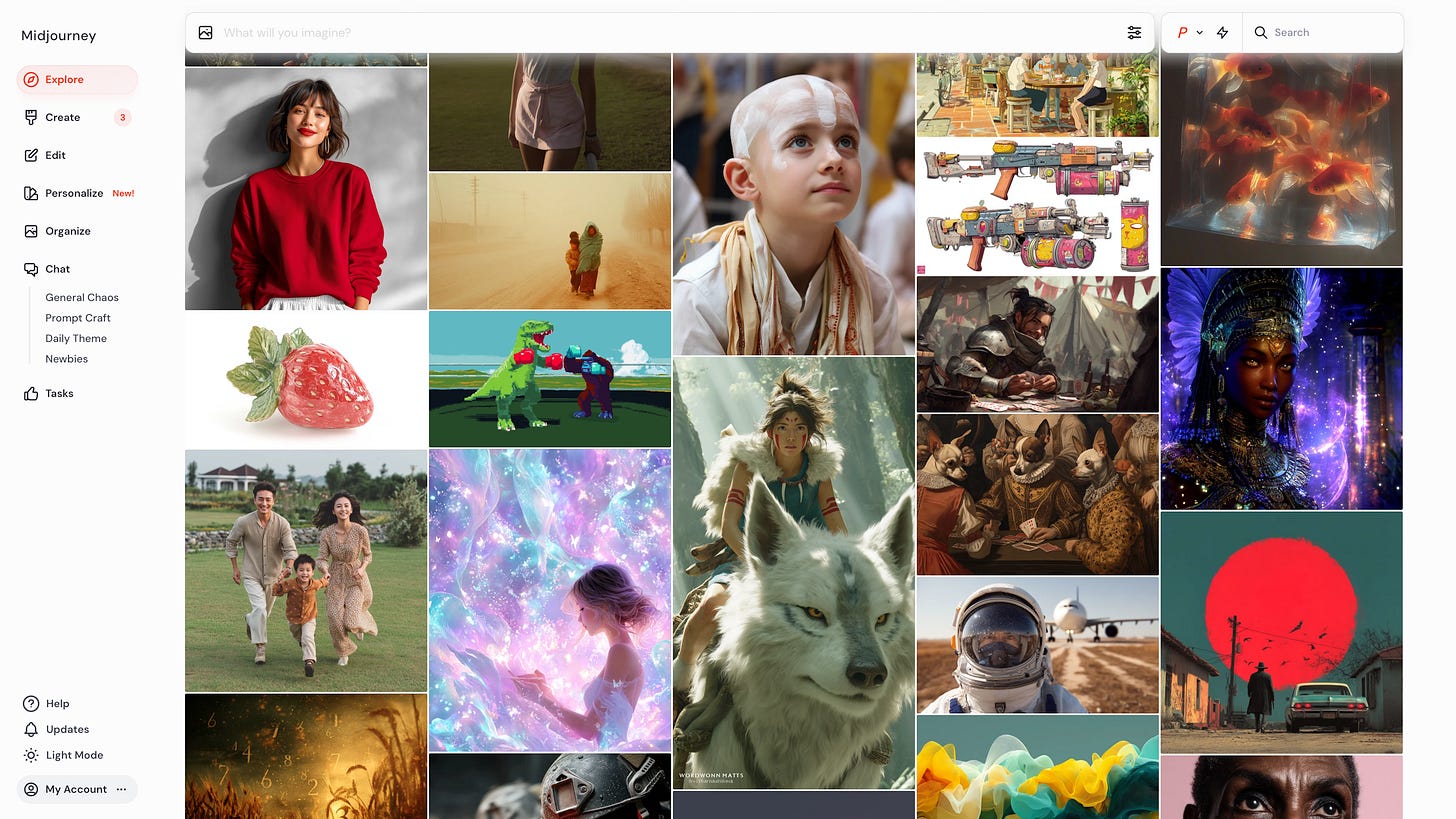 A screenshot of Midjourney’s “Explore” page showing a diverse grid of AI-generated images, including portraits, fantasy scenes, surreal animals, video game-style graphics, and stylized photography. The interface includes a left sidebar with options like Create, Edit, and Chat. This image reflects the chaotic, playful, and endlessly diverse nature of creative discovery within Midjourney. A screenshot of Midjourney’s “Explore” page showing a diverse grid of AI-generated images, including portraits, fantasy scenes, surreal animals, video game-style graphics, and stylized photography. The interface includes a left sidebar with options like Create, Edit, and Chat. This image reflects the chaotic, playful, and endlessly diverse nature of creative discovery within Midjourney.