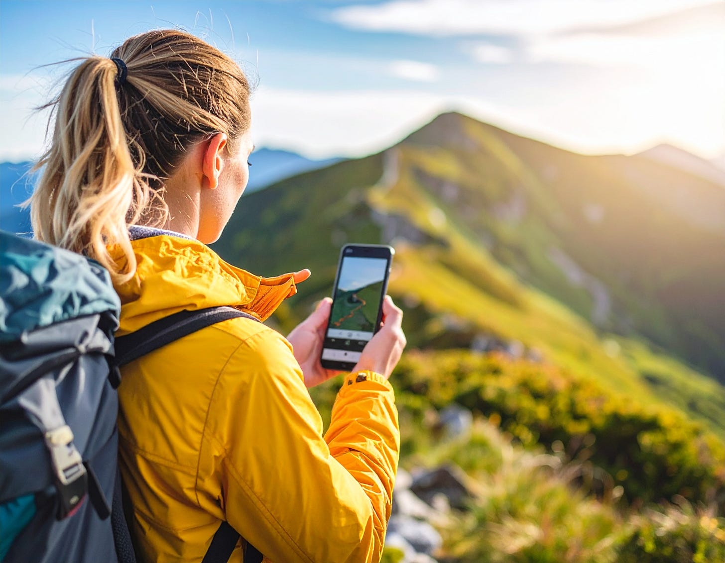 A solo hiker studies a smartphone at a mountain pass, planning the next day’s route with an AI-powered map app.
