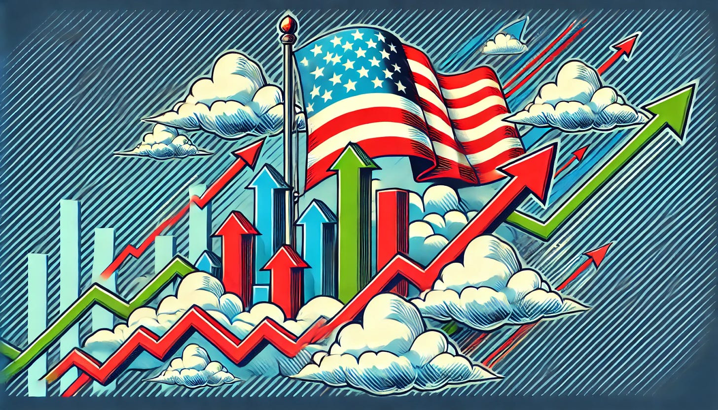 A stylized rectangular image featuring the United States flag floating in the clouds. Below the flag, arrows and charts should be breaking out of graphs, symbolizing economic growth or change. The arrows should be dynamic, pointing upward in bold colors like green, while the flag is positioned majestically in the clouds. Use a combination of red, white, and blue for the flag, with vibrant greens and reds for the charts. The style should be pop-art, with a visually striking and energetic design.