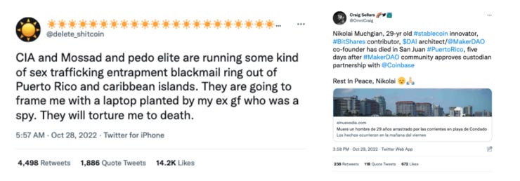 O tweet de Nikolai, um dia antes de morrer… e a notícia do falecimento, à direita.