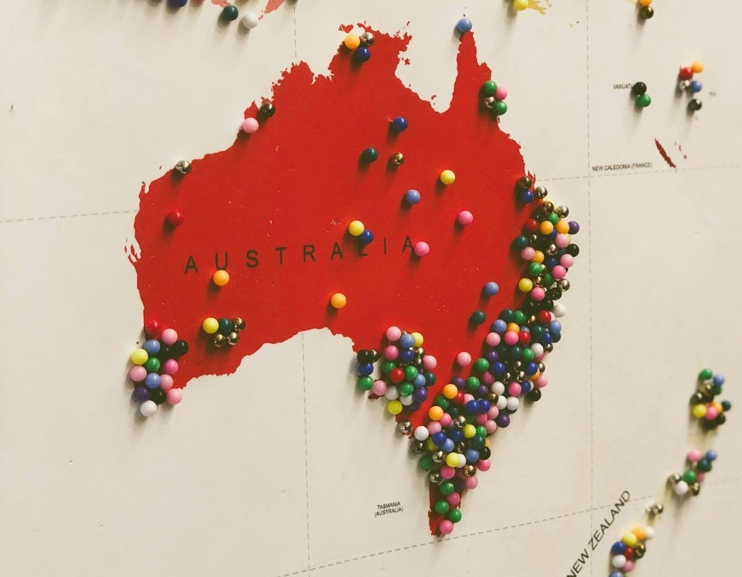 Australia map filled with pins